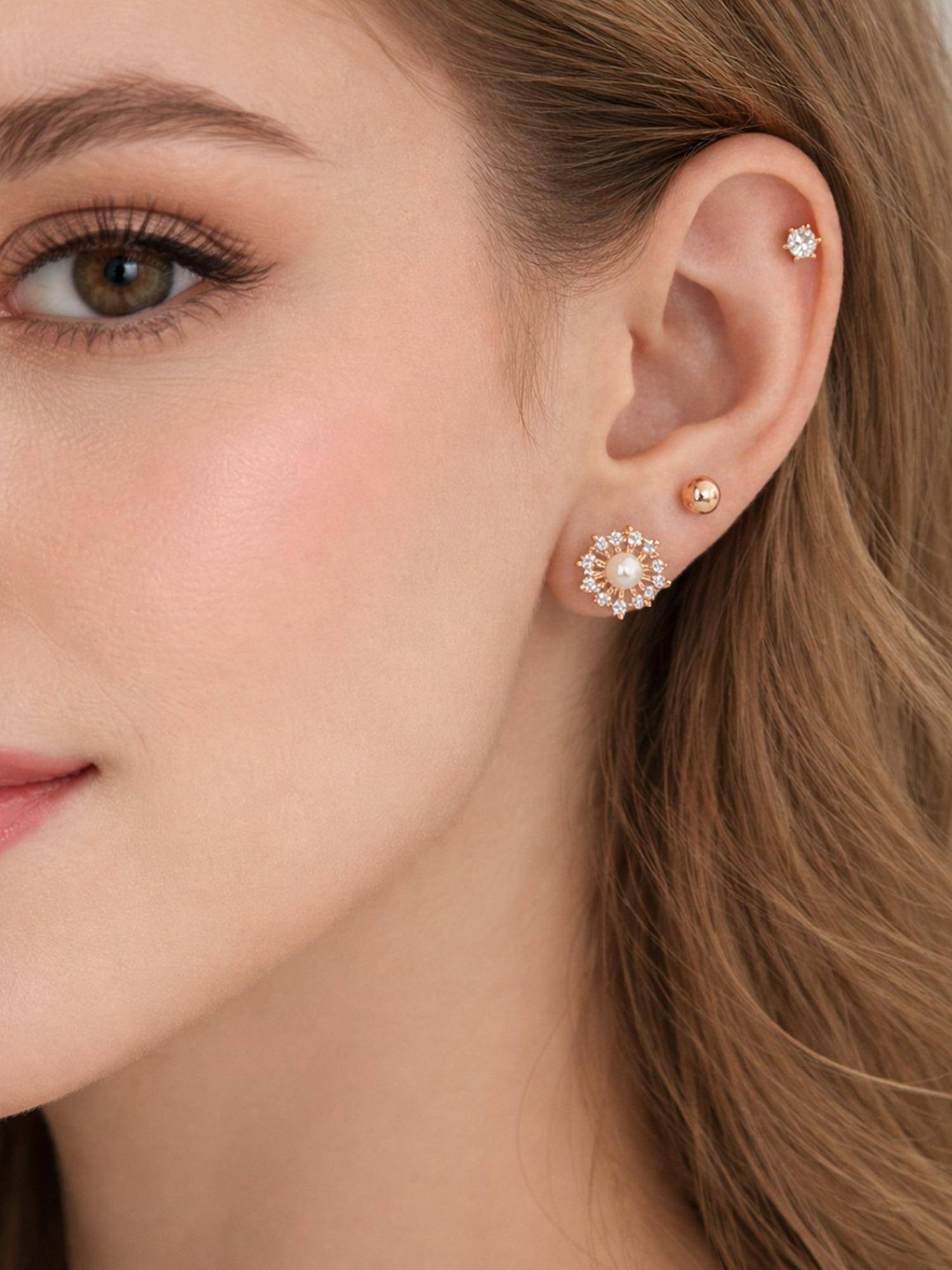 Accessher Women White Gold-Tone American Diamond Stud Earrings (Pack of 3)