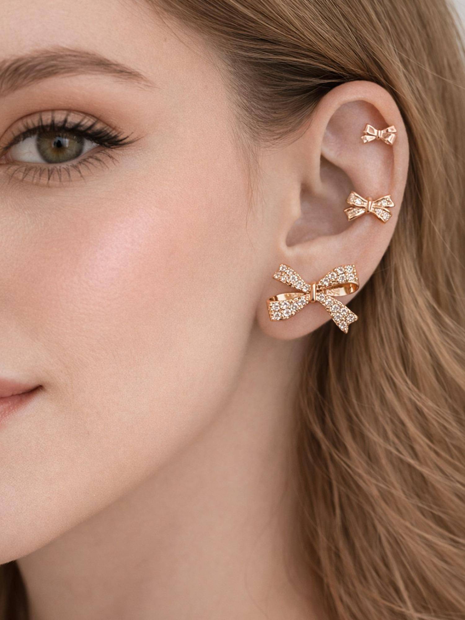 Accessher Women White Gold-Tone Rhinestone Bow Stud Earrings (Pack of 3)