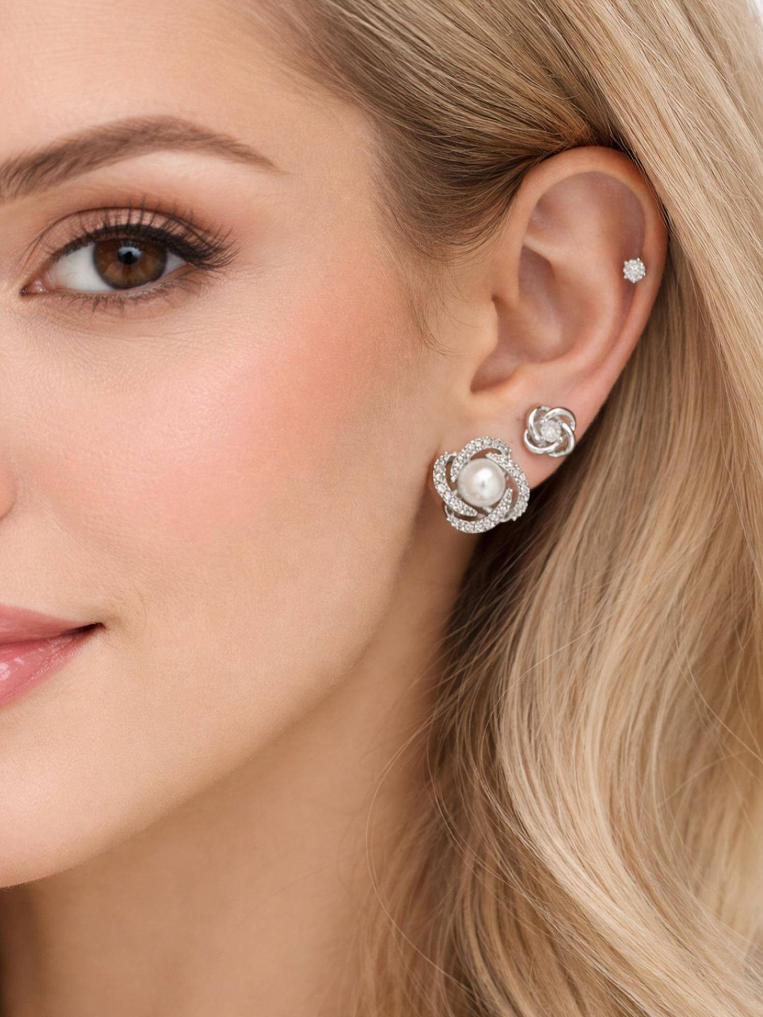 Accessher Women White Silver-Tone Pearl Floral Stud Earrings (Pack of 3)