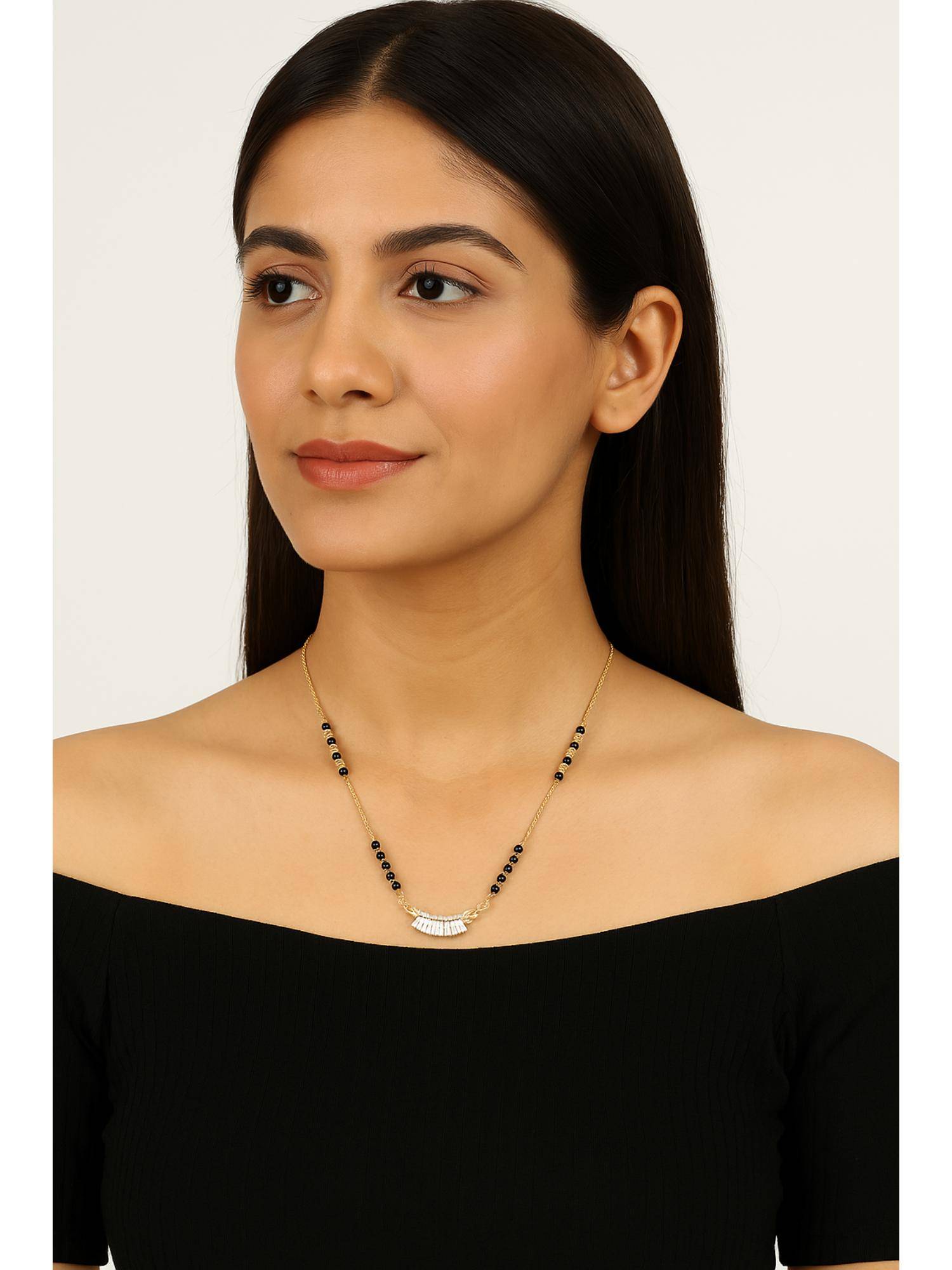 VIEN Women Gold Plated Black Beads & White Cz Pendant Mangalsutra
