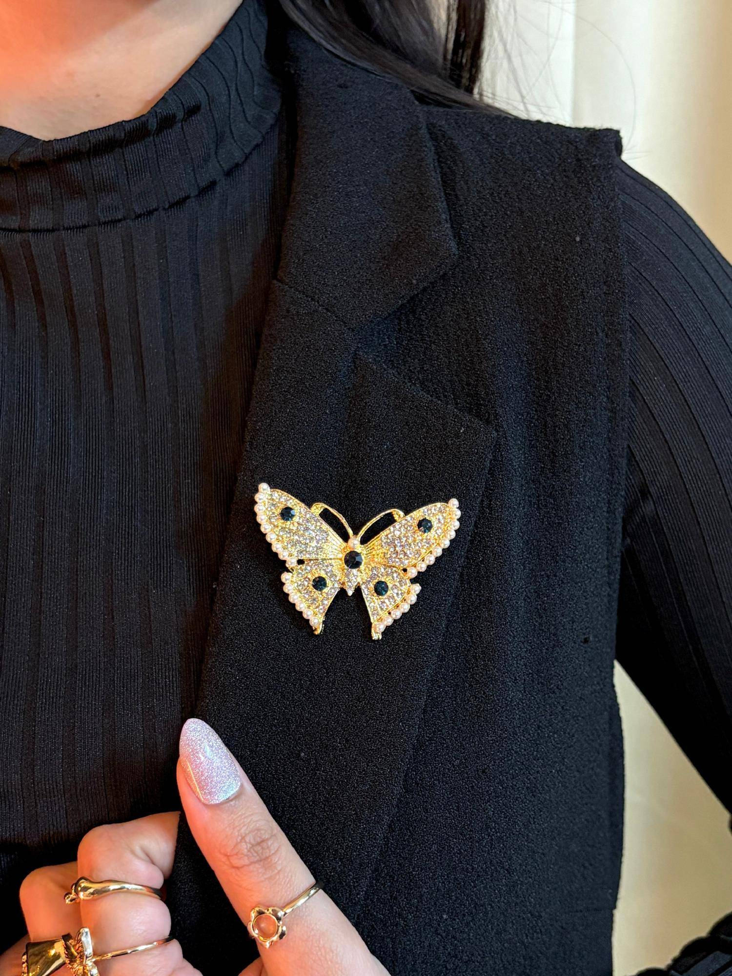 ISHKAARA White Pearl Butterfly Wings Lapel Brooch with Gold Tone Crystal Detailing