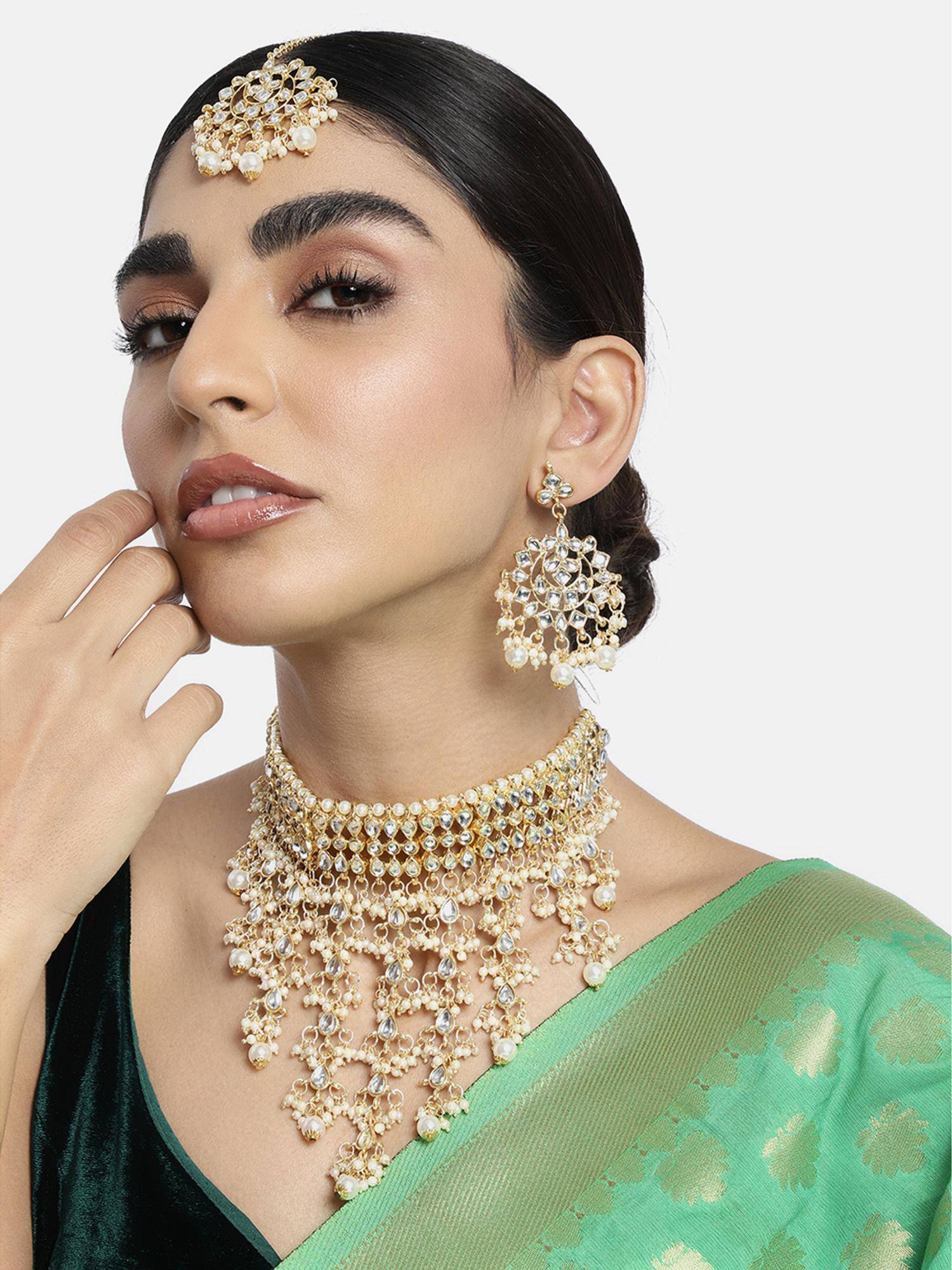 Peora Women White Gold Plated Traditional Kundan Choker Jewellery Set