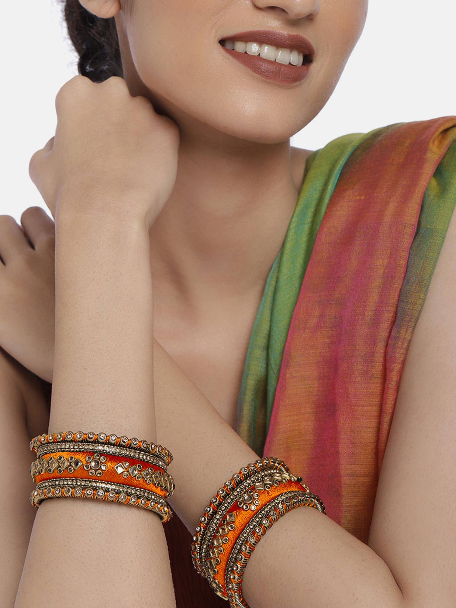 Peora Women Gold Plated Orange Kundan Silk Thread Bangles (Pack of 10) (2.6)