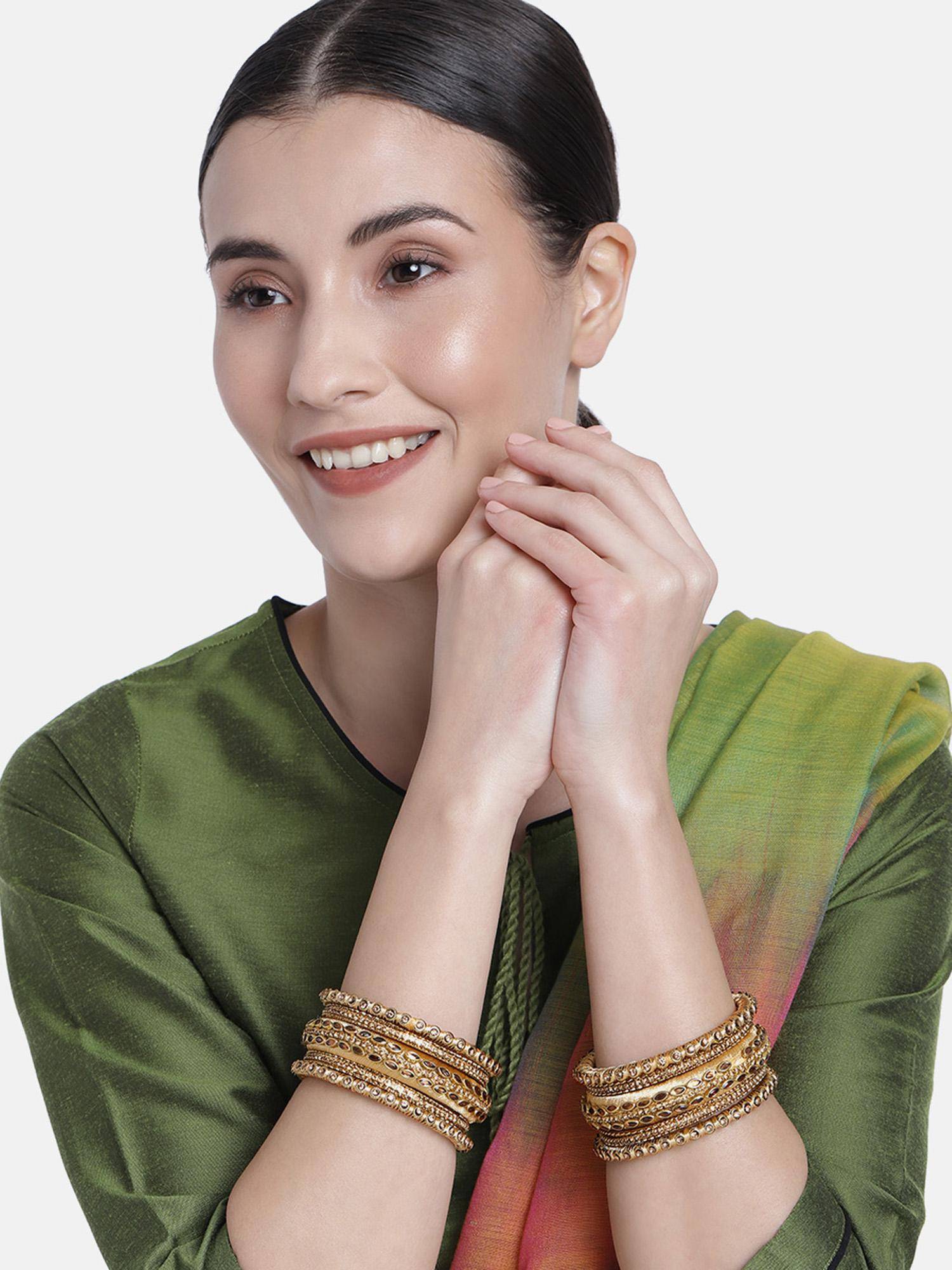 Peora Women Cream Silk Thread Kundan Studded Chuda Bangles (Pack of 10) (2.6)