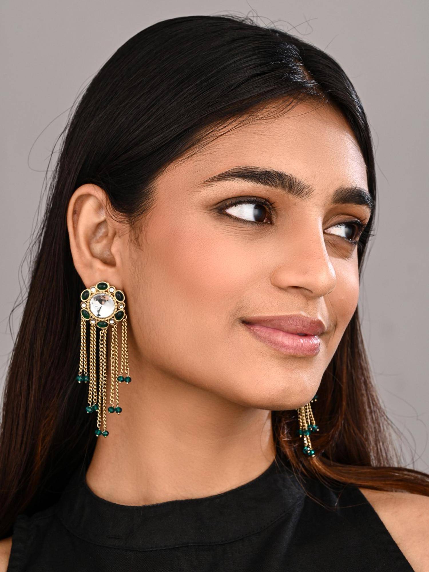 Anvik Women Green Kundan Tassel Drop Earrings
