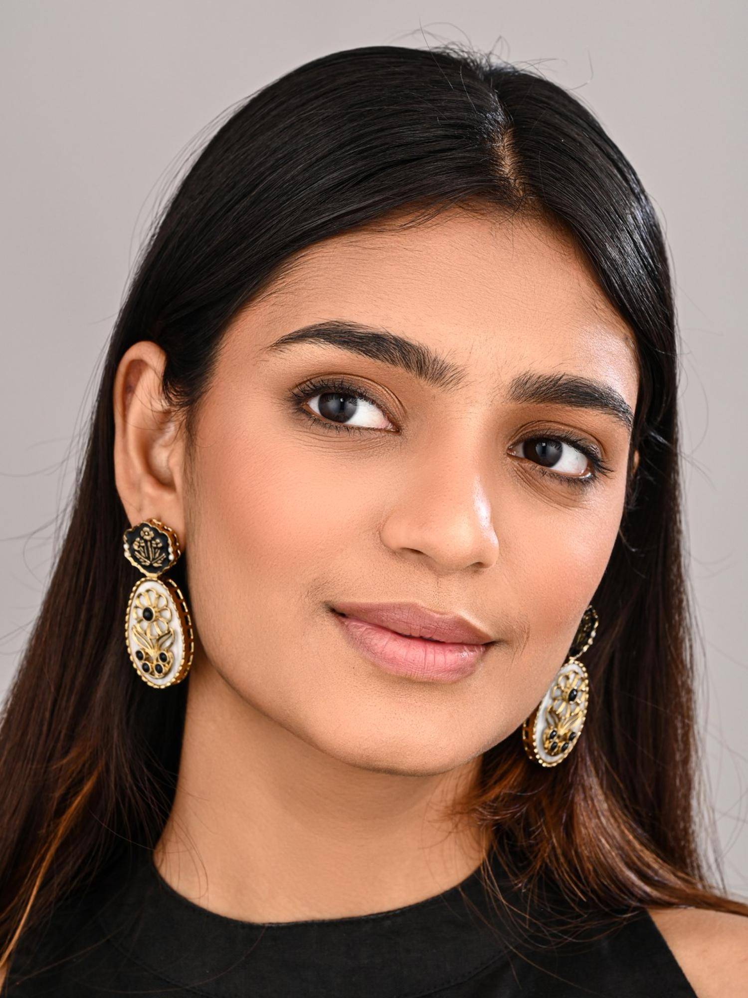 Anvik Women Black Mop Meenakari Floral Drop Earrings