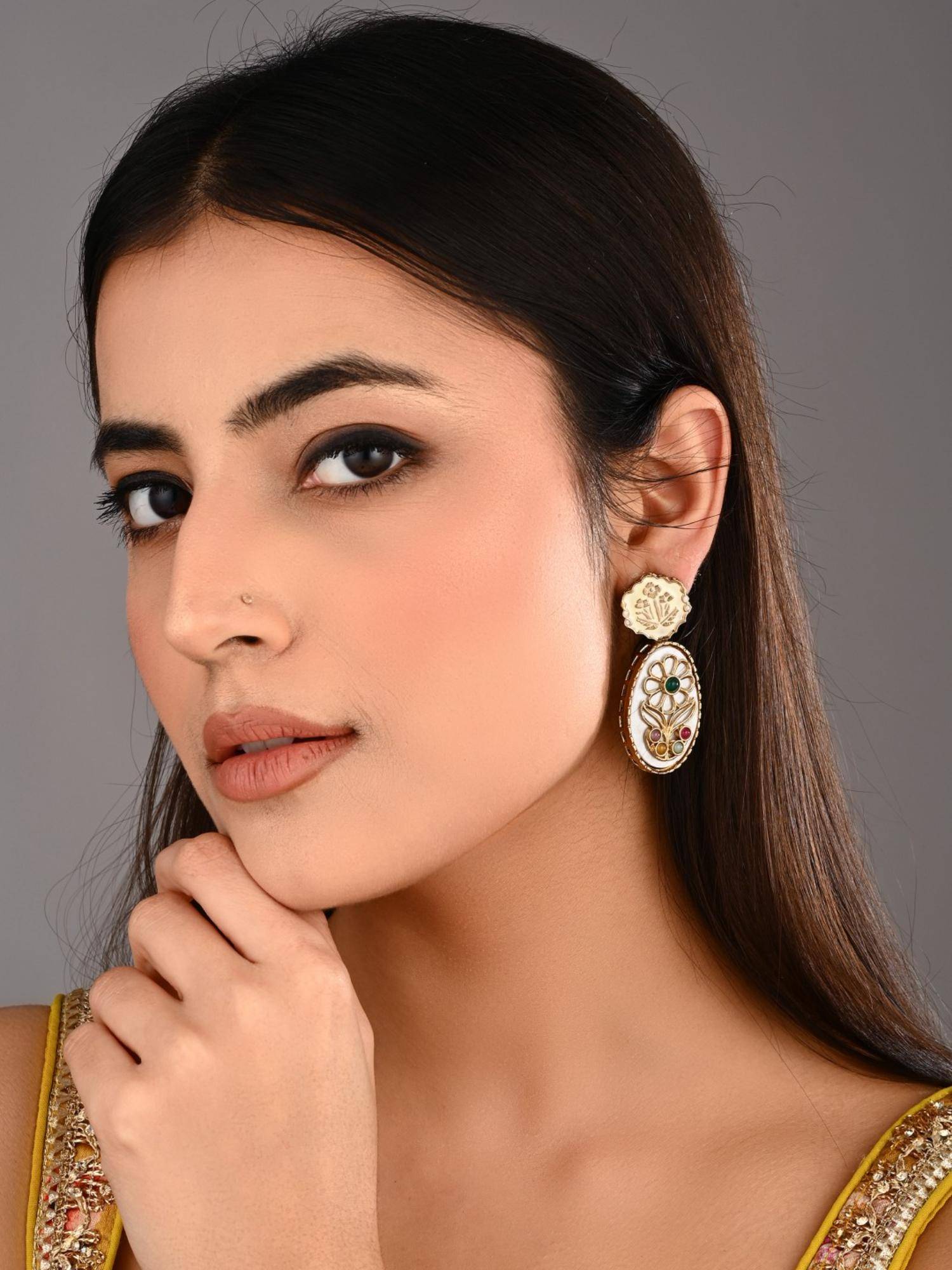 Anvik Women Multi-Color Mop Meenakari Floral Drop Earrings