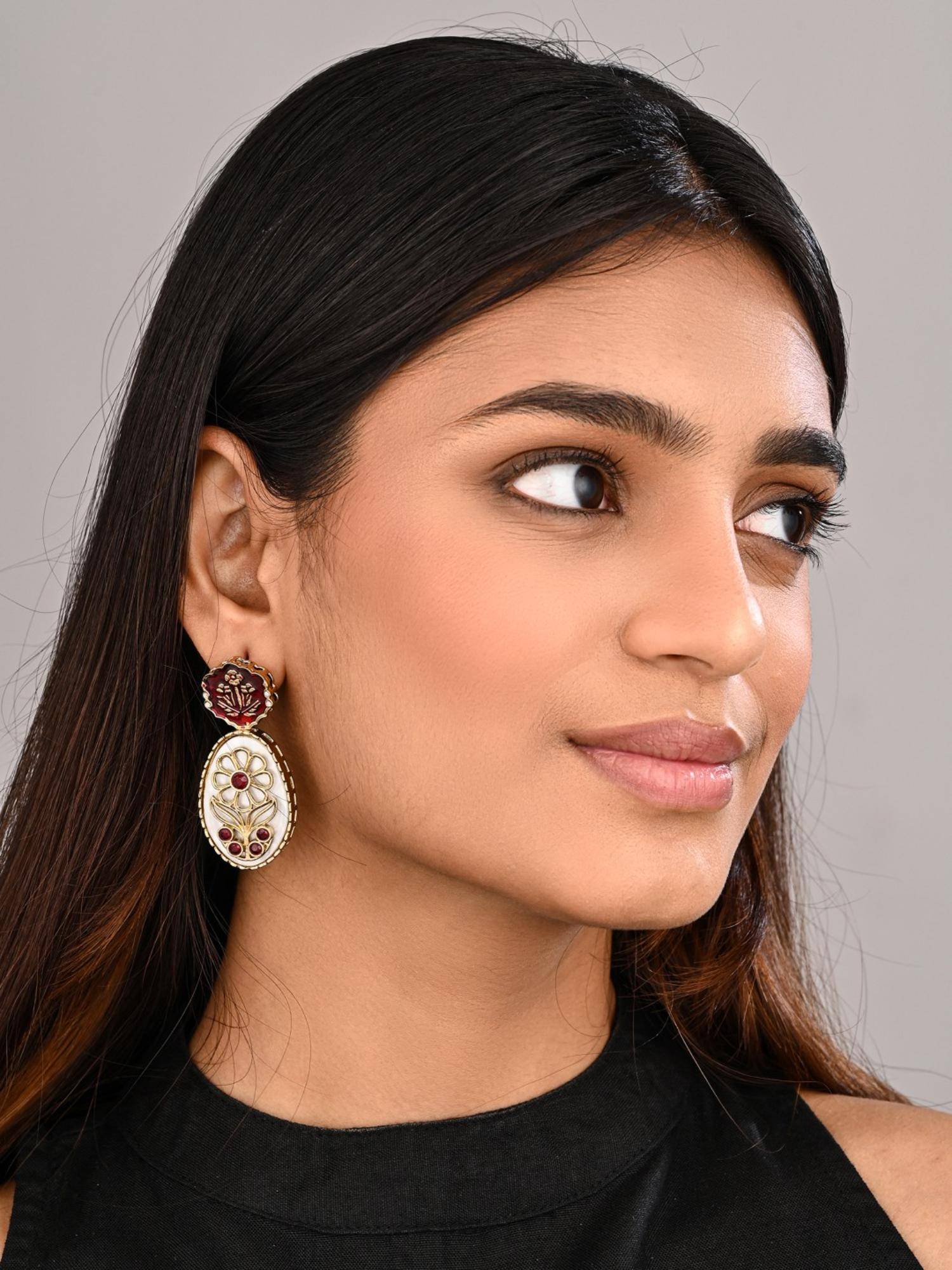 Anvik Women Red Mop Meenakari Floral Drop Earrings