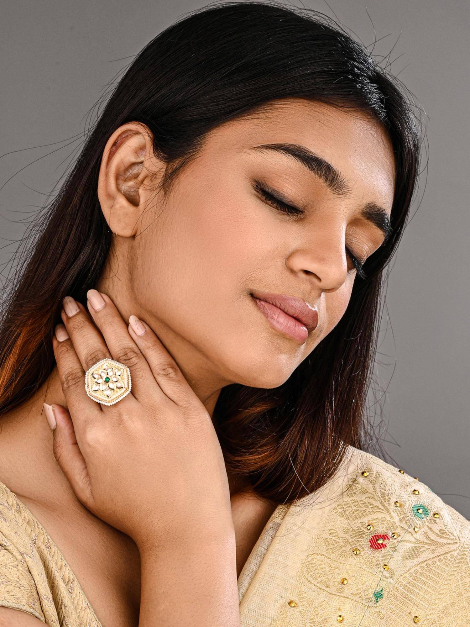 Anvik Women White Hexagon Floral Kundan Pearl Brass Ring