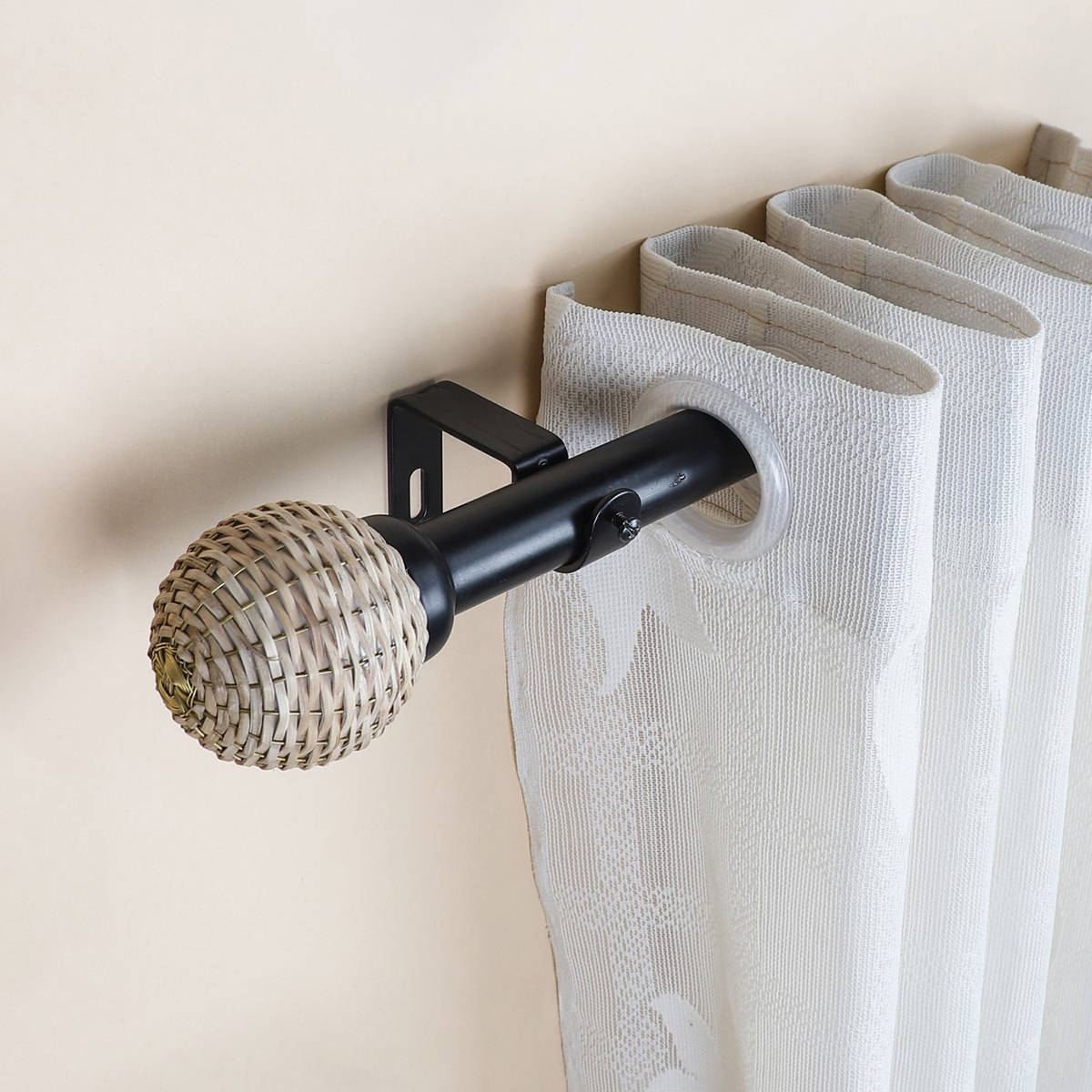 The Decor Mart 84"-144" Wicker Weave Finial Extendable Curtain Rod Black 19Mm (Hardware Included)