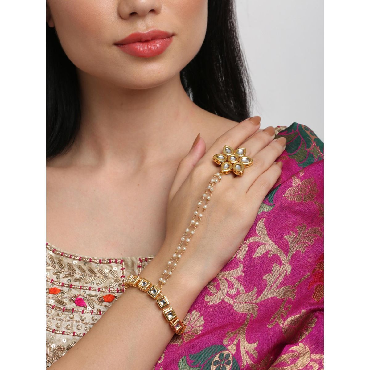 RUBY RAANG STUDIO Women Gold-Toned White Flower Kundan Ring Bracelet