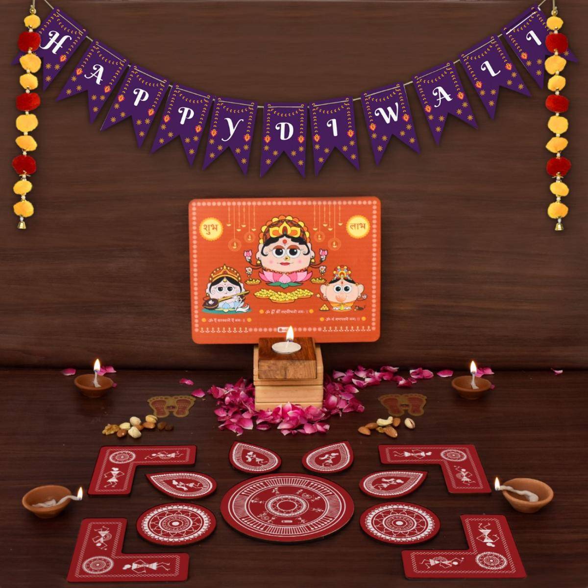 Indigifts Happy Diwali Toran & Laxmi Ganesh Diya Stand with Maroon Rangoli (Set of 16)