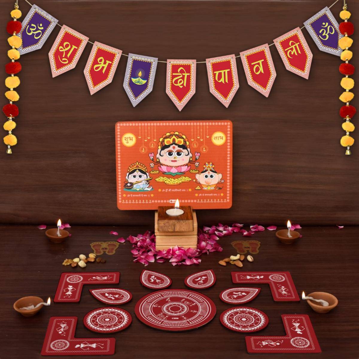 Indigifts Shubh Diwali Toran & Laxmi Ganesh Diya Stand with Maroon Rangoli (Set of 16)