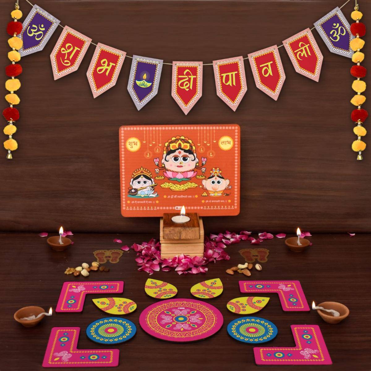 Indigifts Shubh Diwali Toran, Laxmi Ganesh Diya Stand and Rangoli (Set of 16)