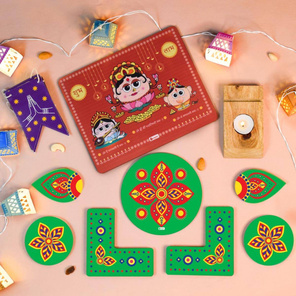 Indigifts Diwali Door Hanging Toran, Lights, Laxmi Ganesh Diya Stand & Green Rangoli (Set of 17)