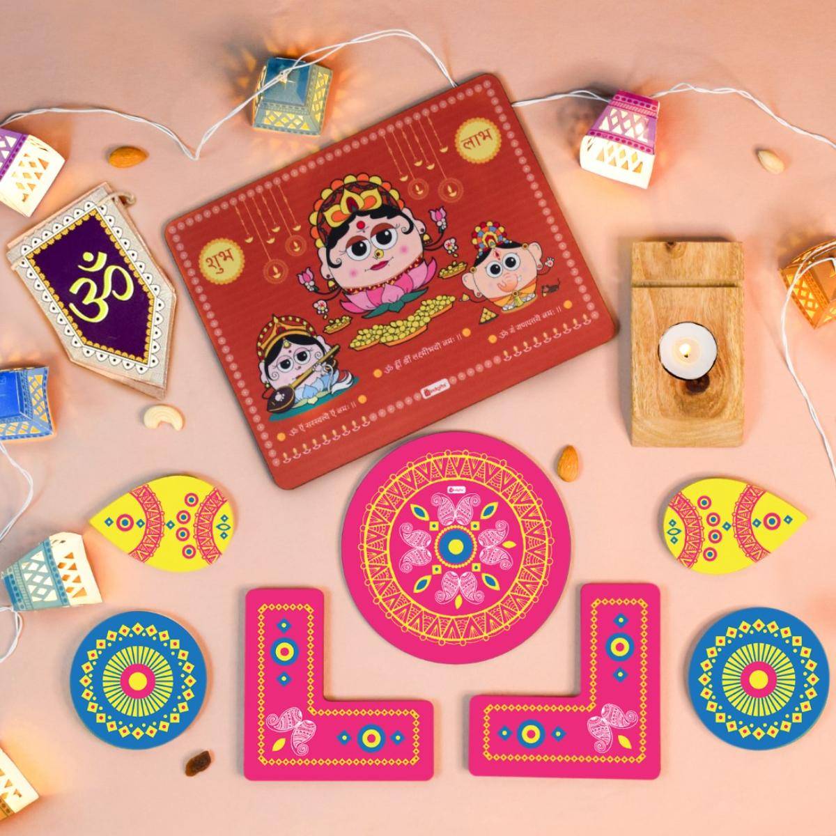 Indigifts Shubh Diwali Toran, Lights, Laxmi Ganesh Diya Stand & Pink Rangoli (Set of 17)