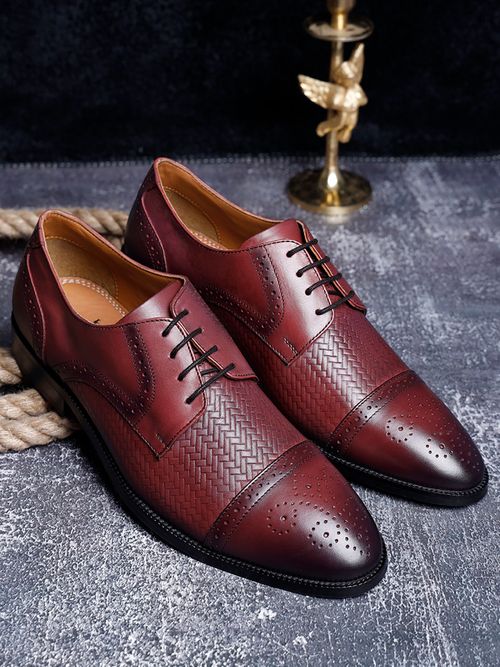 Louis Stitch Maroon Textured Italian Leather Handmade Oxfords Lace Up Shoes  (Set of 6)