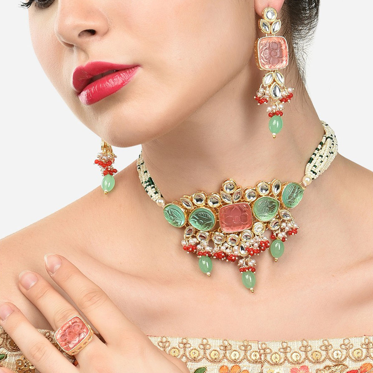 Buy Zaveri Pearls Set Of 3 Multi Color Kundan Choker Necklace Earring and Ring Set ZPFK15092 Online