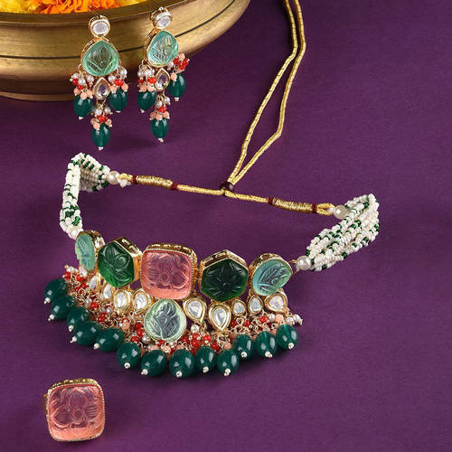 Buy Zaveri Pearls Set Of 3 Multi-Color Kundan Choker Necklace 