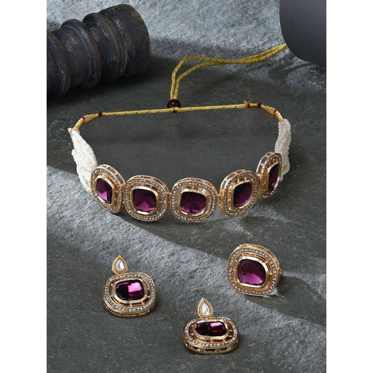 Zaveri Pearls Purple Multistrand Beaded Choker Necklace Earring & Ring Set - ZPFK16496