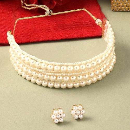 Buy Zaveri Pearls White Pearls Multistrand Beaded Choker Necklace