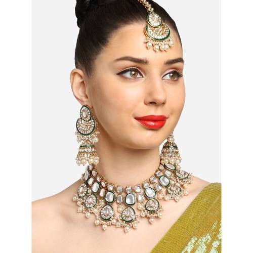Zaveri Pearls Gold Tone Bridal Kundan Choker Necklace Earring Maangtikka & Ring Set For Women