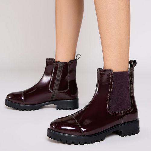 Twenty Dresses by Nykaa Fashion Maroon Patent Round Toe Stitch Detail Low  Ankle Boots (EURO 39)