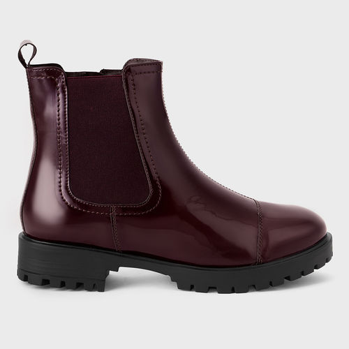 Twenty Dresses by Nykaa Fashion Maroon Patent Round Toe Stitch Detail Low  Ankle Boots (EURO 39)