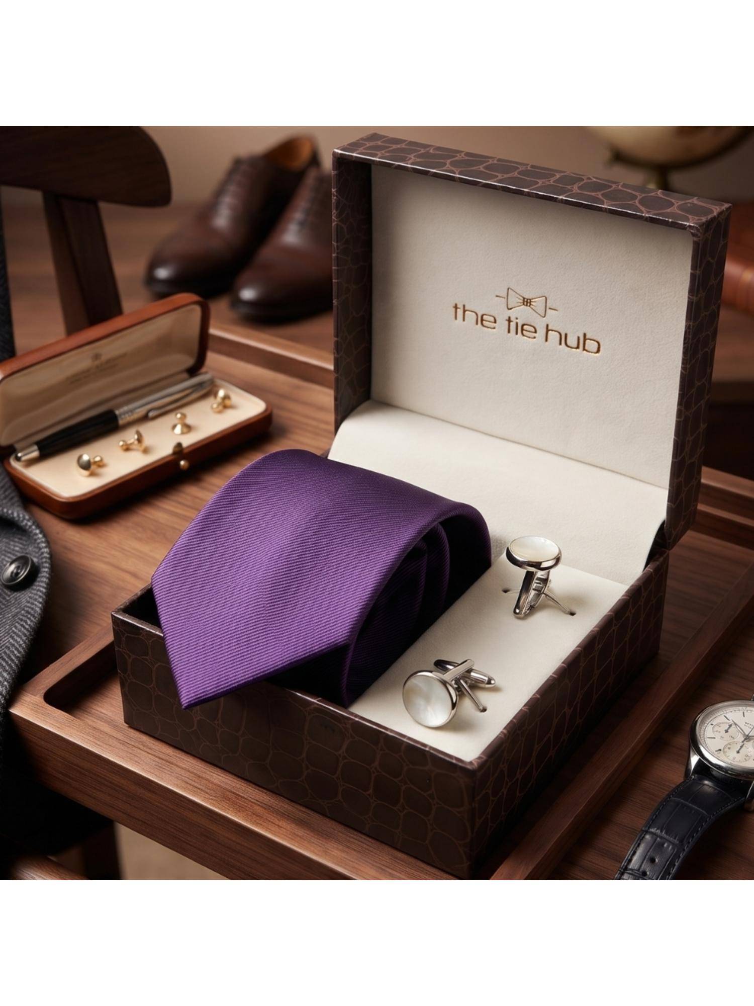 The Tie Hub Solid Purple Silk Tie with White Pearl Cufflinks