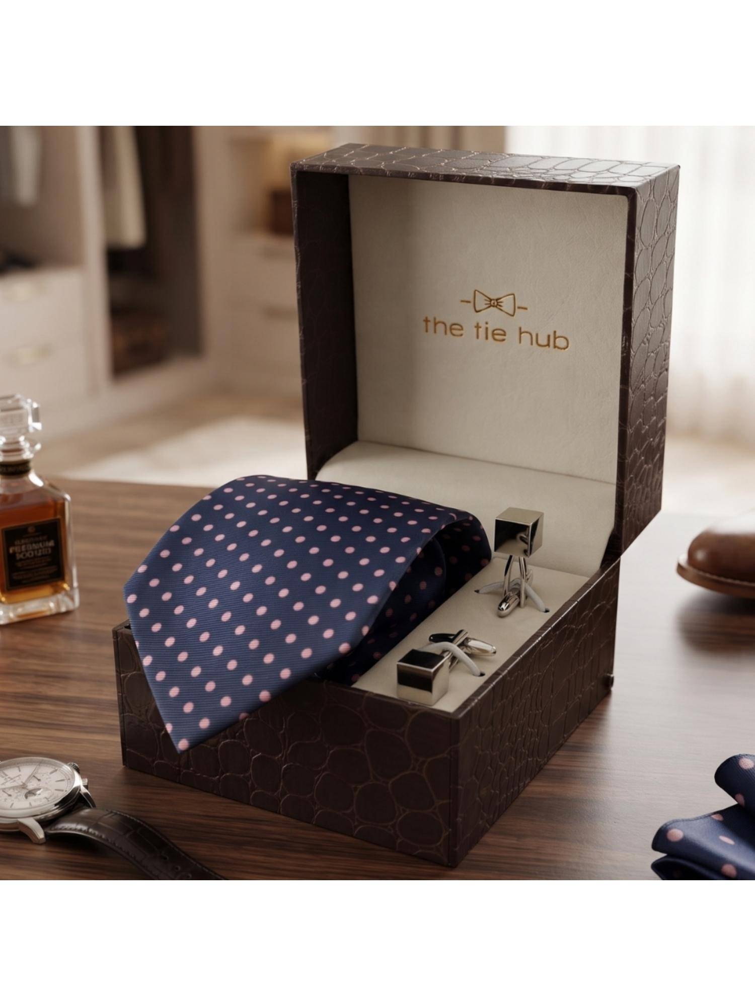 The Tie Hub Navy & Pink Polka Silk Tie with Silver Cube Cufflinks