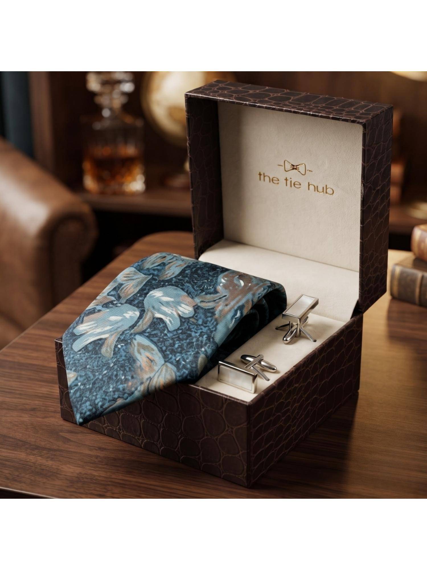 The Tie Hub Teal Blue Floral Silk Tie with White MOP Cufflinks