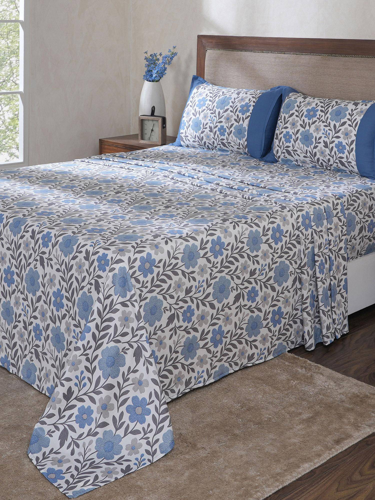 Maspar Blue Cotton Bed Sheet with 1 Pillow Cover (Single)