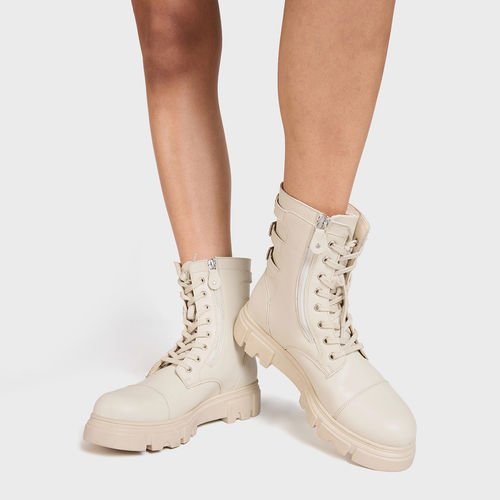 MIXT by Nykaa Fashion Beige Round Toe Buckle Detail Lace Up Mid Calf Combat  Boots (EURO 36)