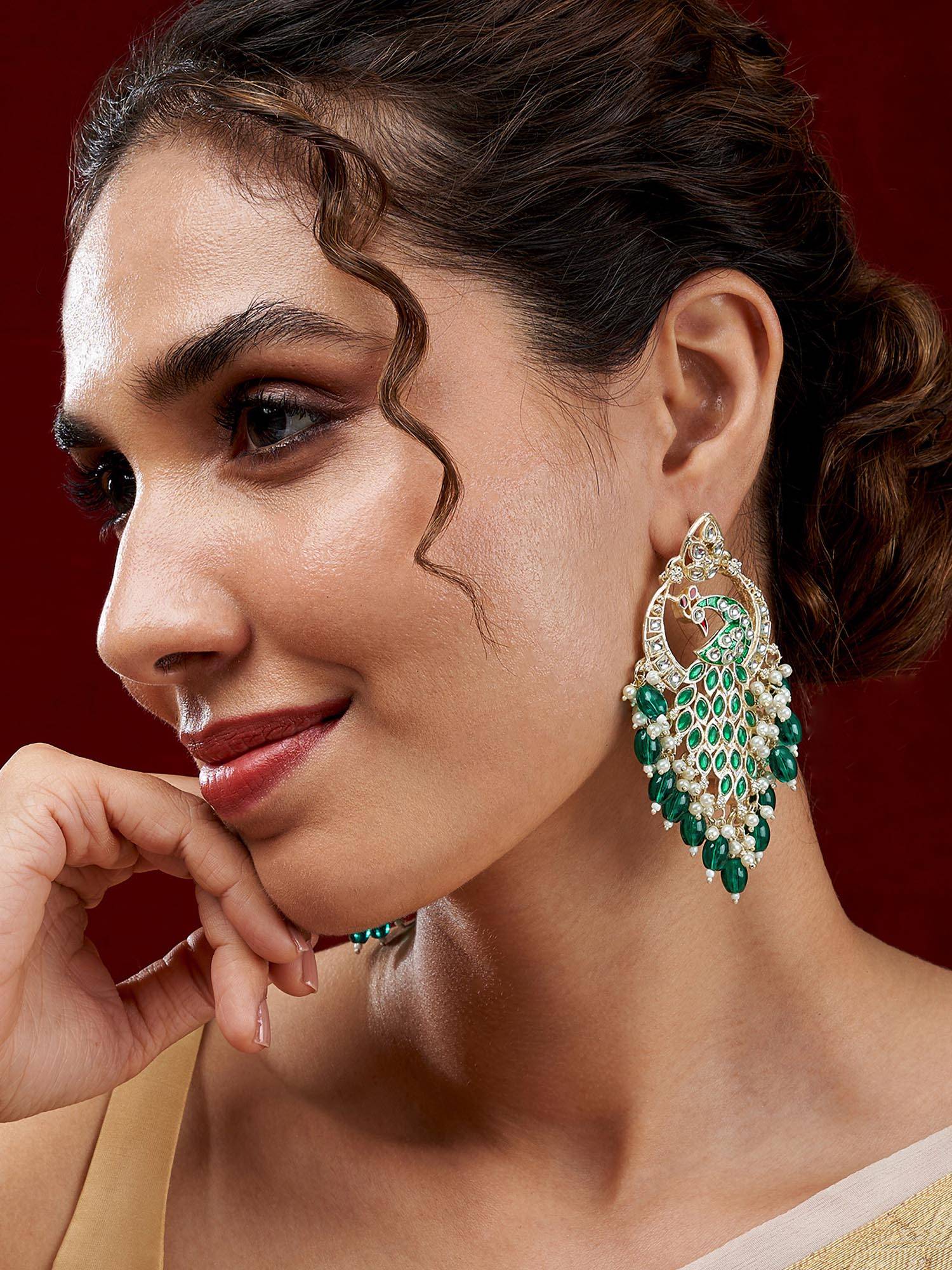 Teejh Morani Green Peacock Motif Gold Plated Earrings