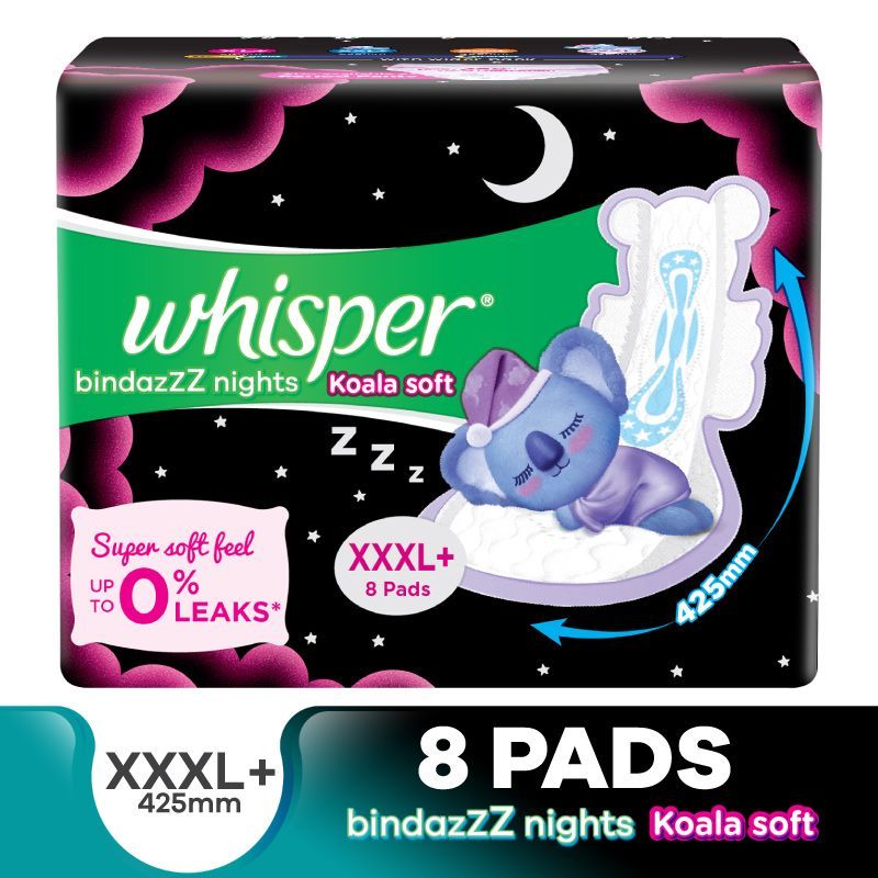 Buy Whisper Bindazzz Night Koala Soft XXXL+ Sanitary Pads - 85% Longer With  Upto 0% Leaks, 8 Pads Online