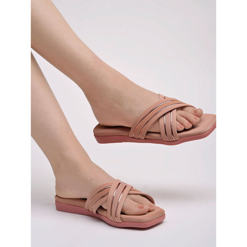 Shoetopia Embellished Cross Strap Peach Sandals for Women (EURO 36)