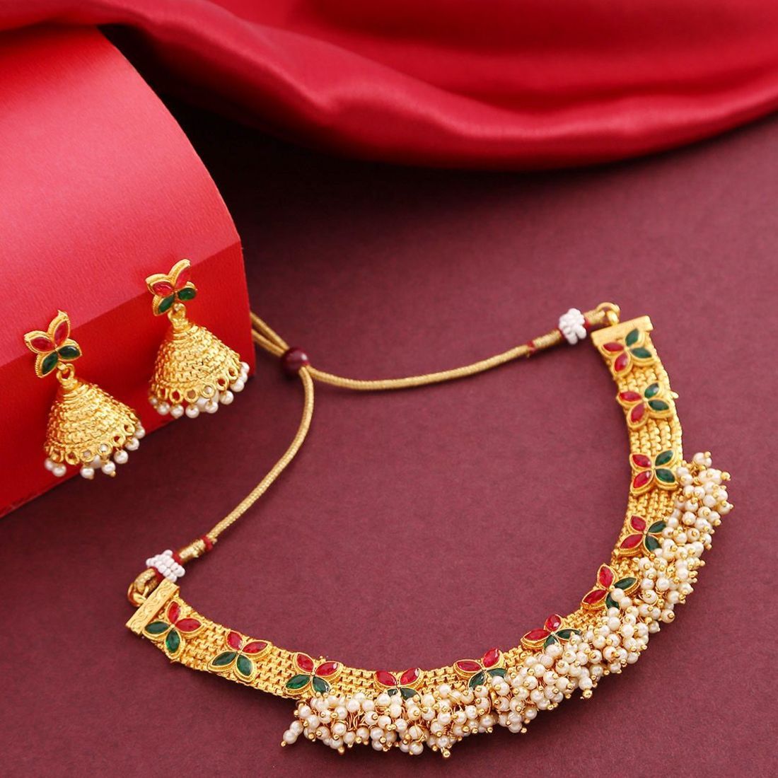 Priyaasi Pink & Green Gold-Plated Stone-Studded & Beaded Handcrafted ...