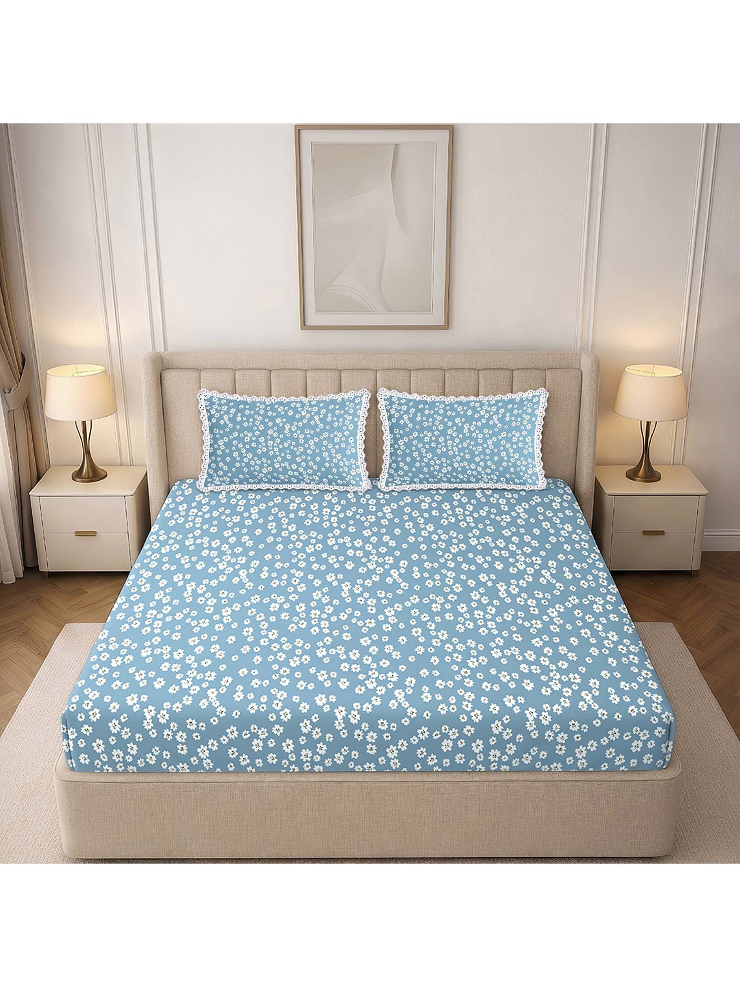 MORADO Glace Cotton Fitted Double Bedsheet with Pillow Cover, Blue Floral