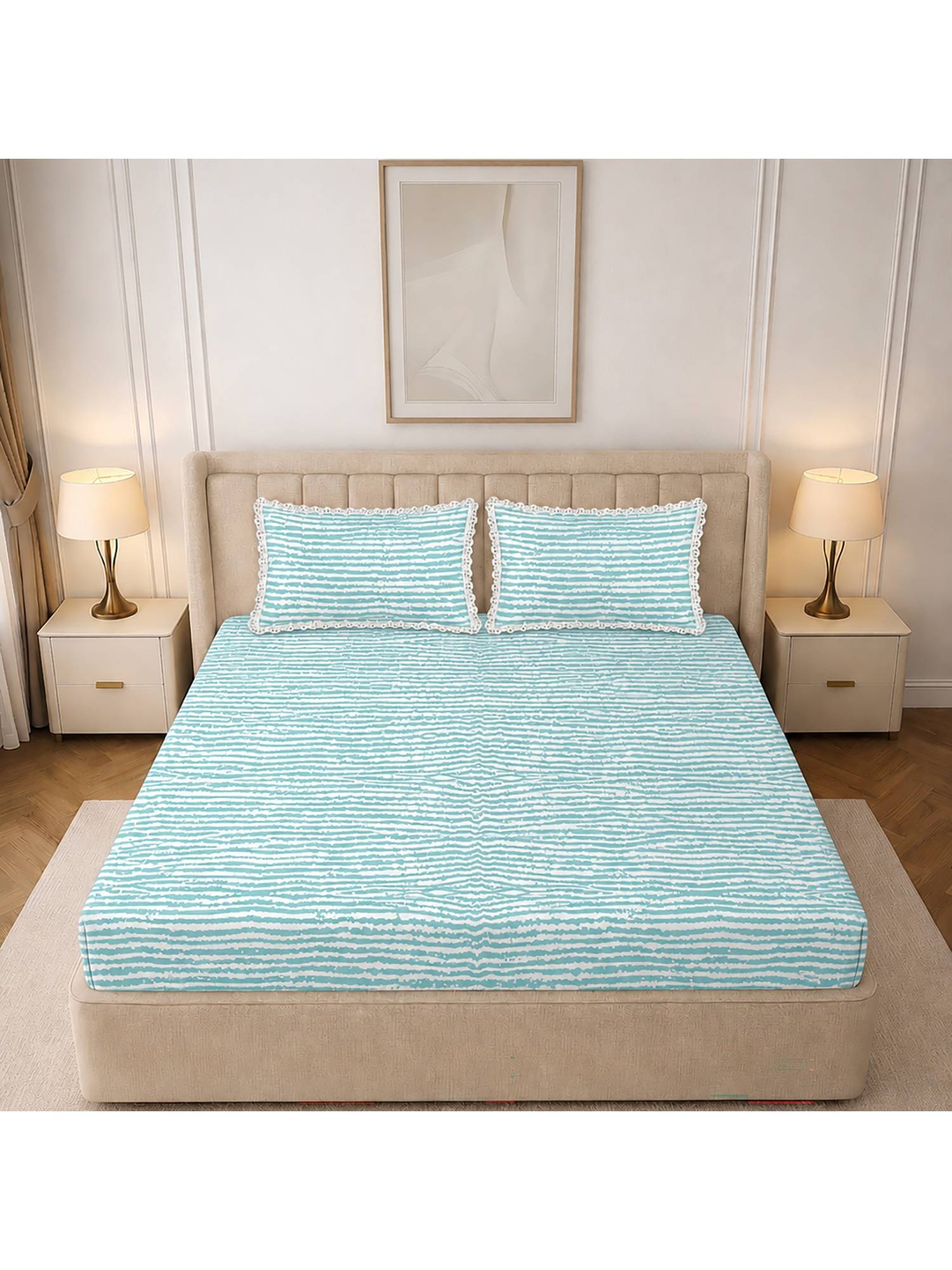 MORADO Glace Cotton Fitted Double Bedsheet with Pillow Cover, Blue Map