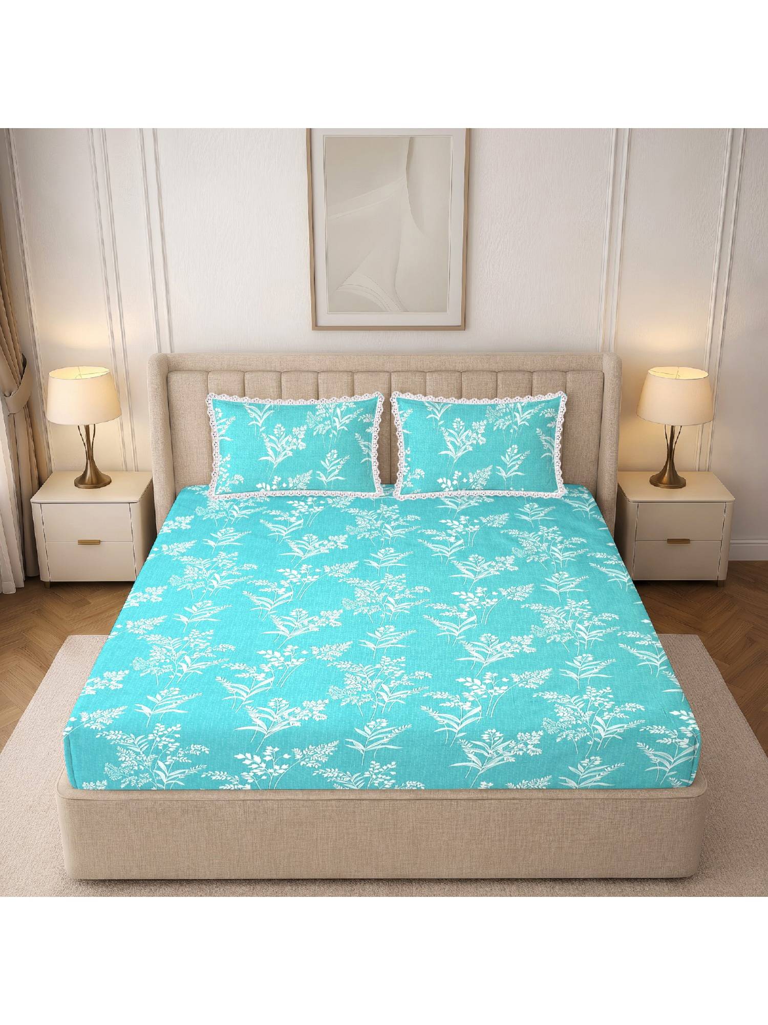 MORADO Glace Cotton Fitted Double Bedsheet with Pillow Cover, White Grass