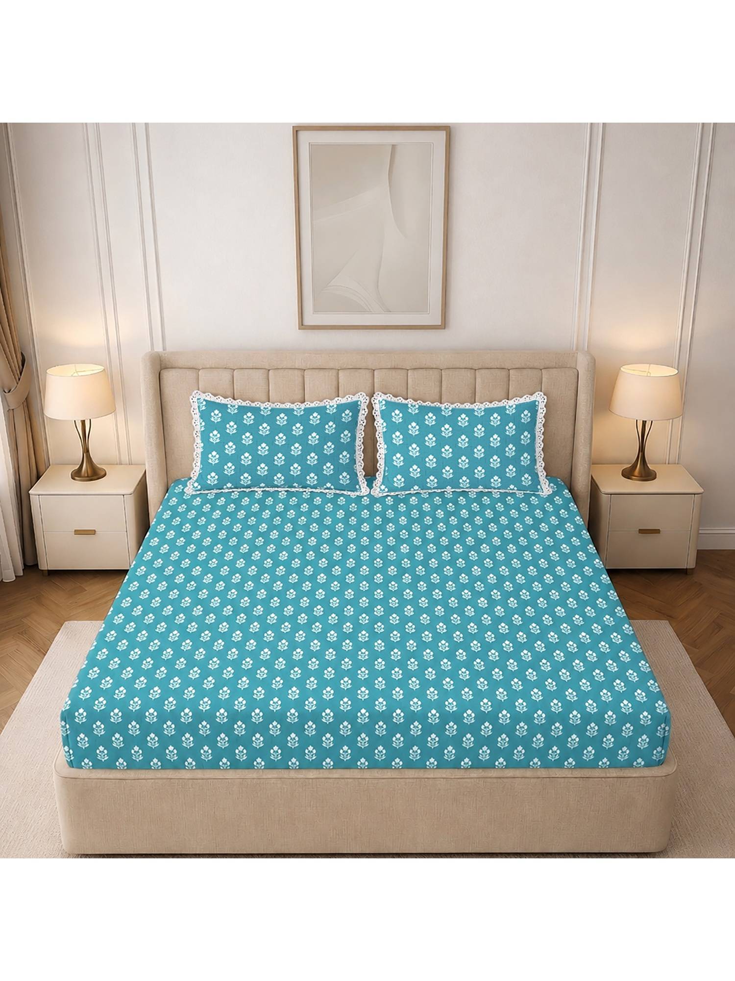 MORADO Glace Cotton Flat Double Bedsheet with Pillow Cover, Aqua Floral