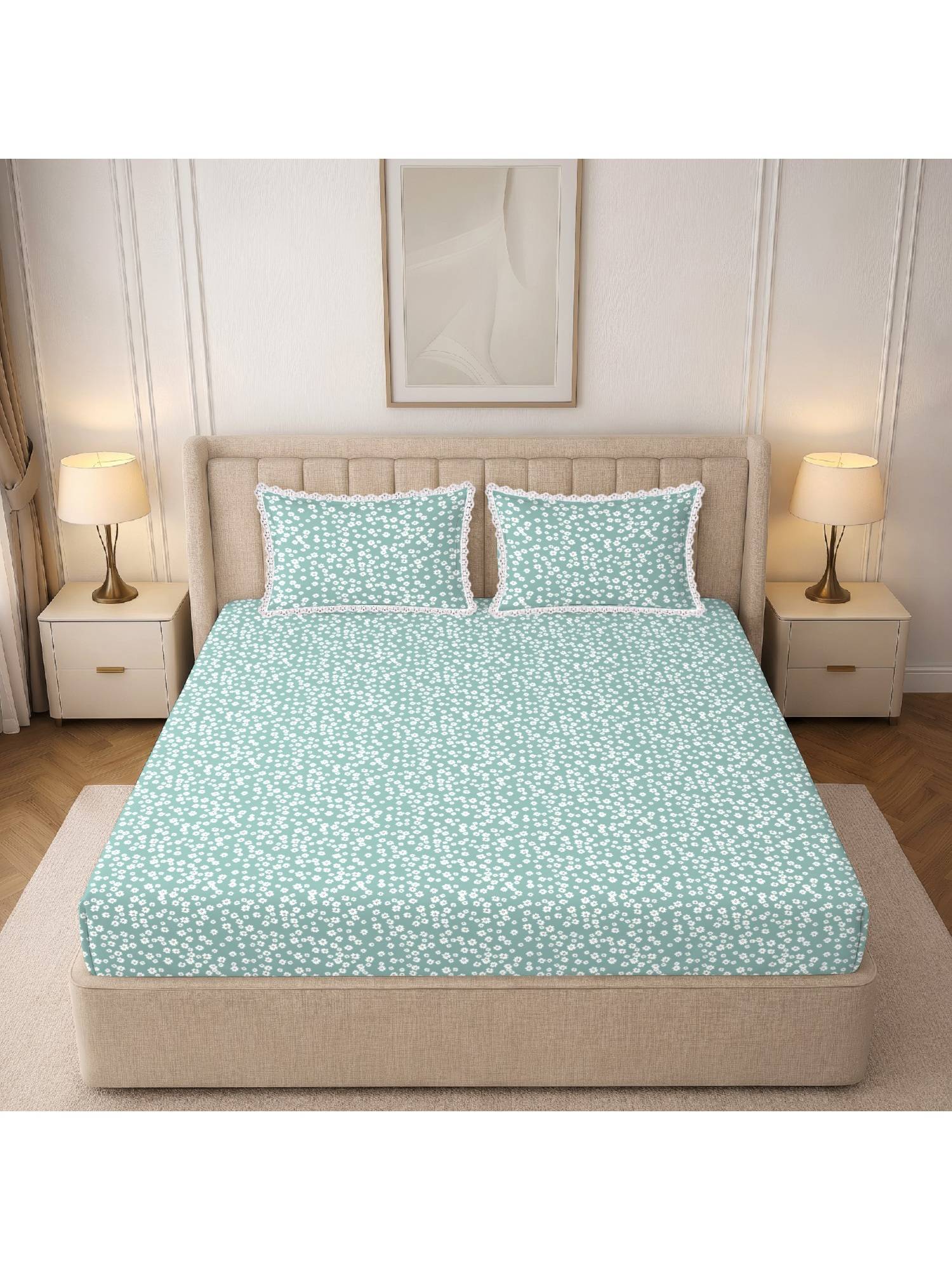 MORADO Glace Cotton Flat Double Bedsheet with Pillow Cover, Grey Floral