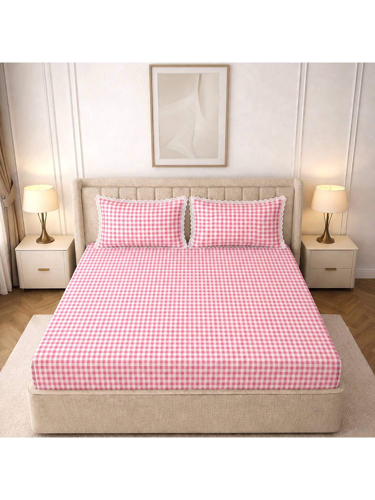 MORADO Glace Cotton Flat Double Bedsheet with Pillow Cover, White Pink Check