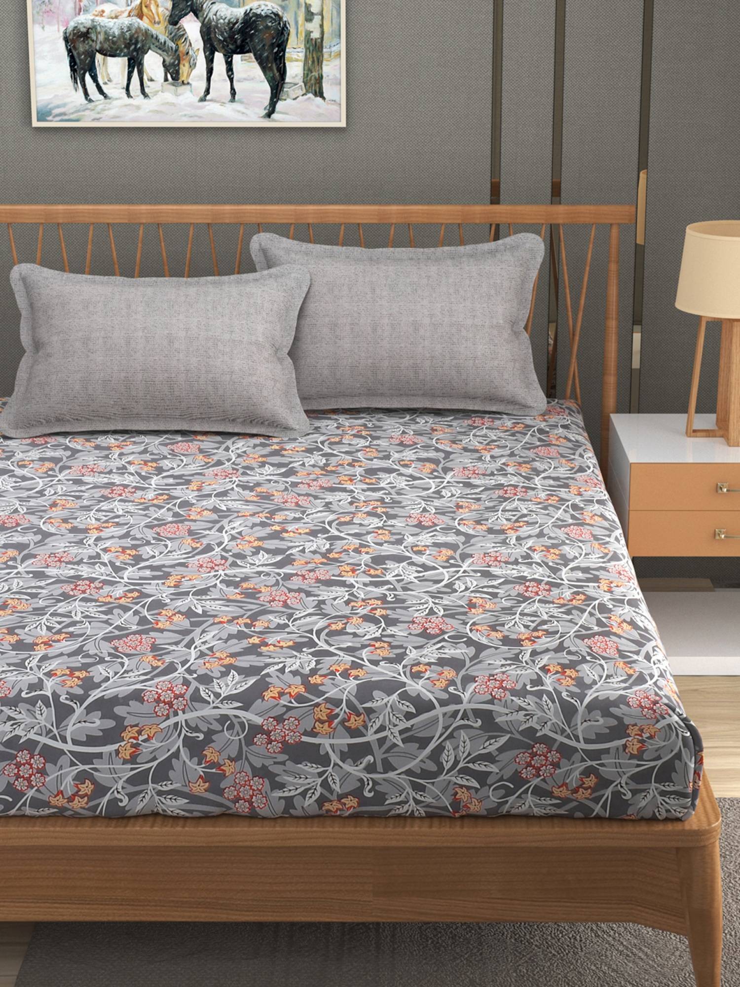 MORADO Glace Cotton King Flat Bedsheet King Size with Pillow Cover-Grey
