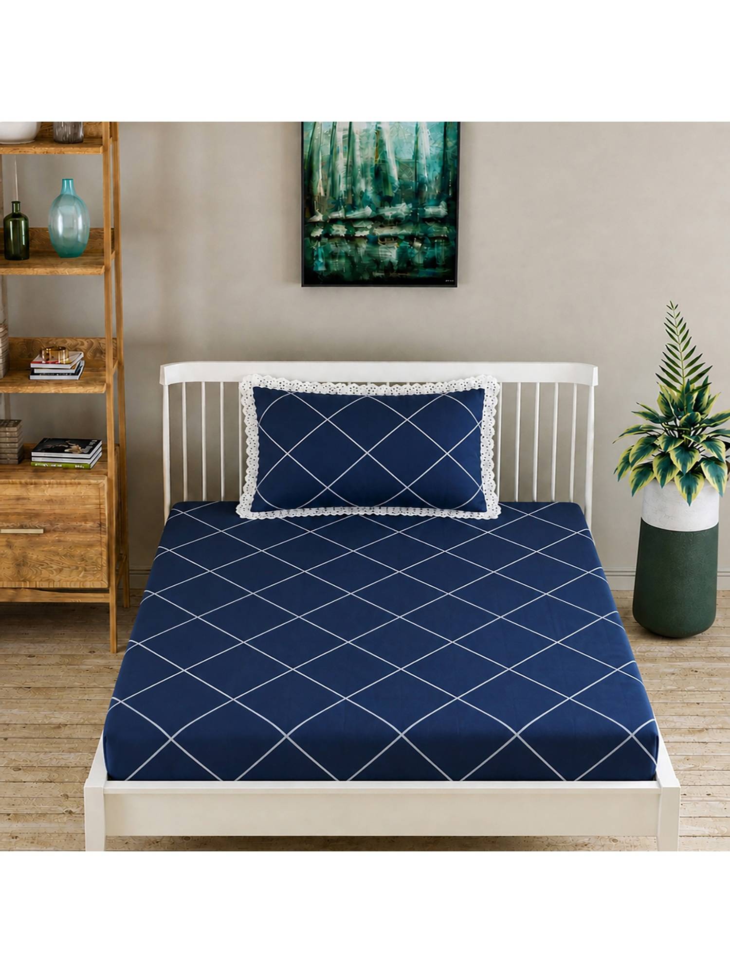 MORADO Glace Cotton Fitted Single Bedsheet with Pillow Cover , Blue Cross