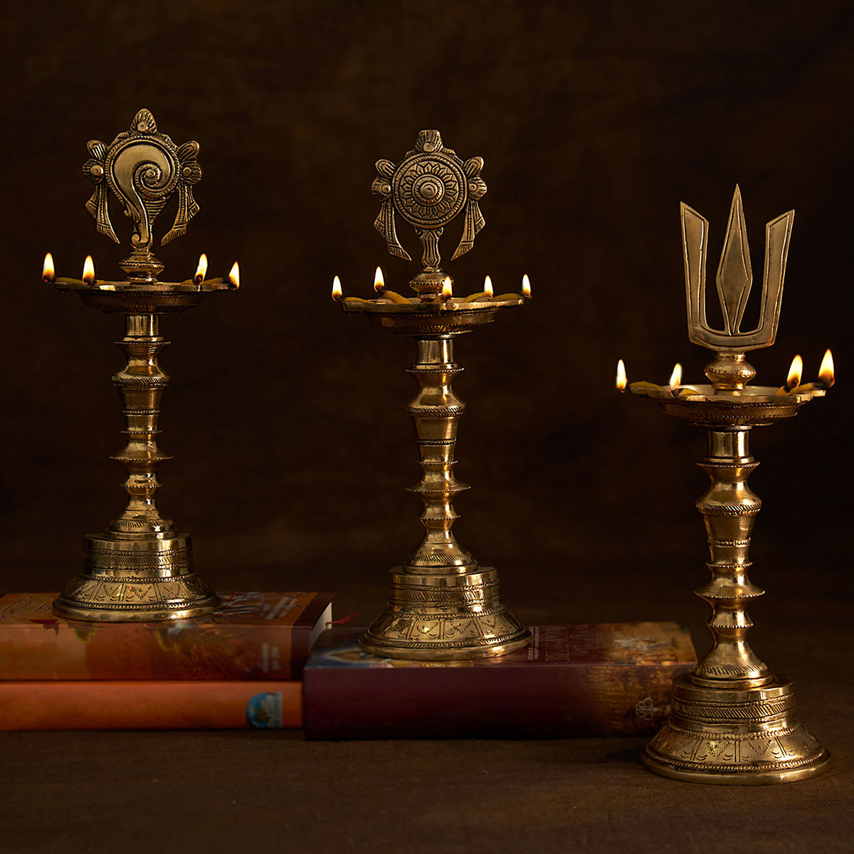 DecorTwist Brass Shank Chakra Namah Diya Lamp Stand Vilakku (Set of 3