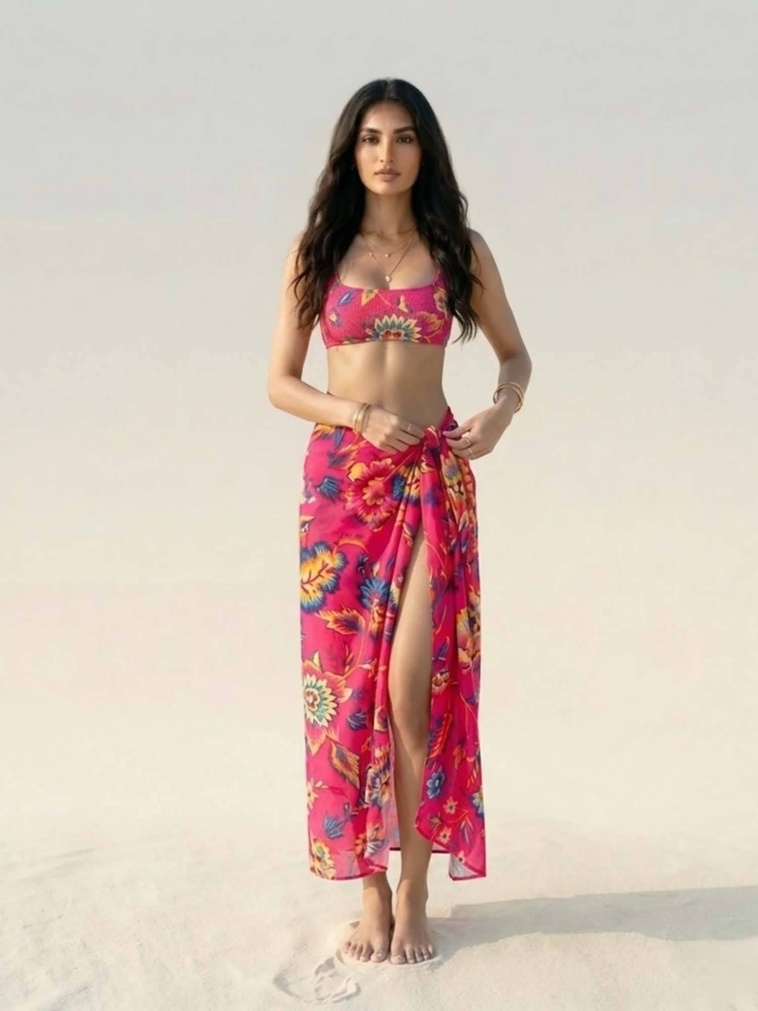 WomanLikeU Pink Floral Print Beach Sarong