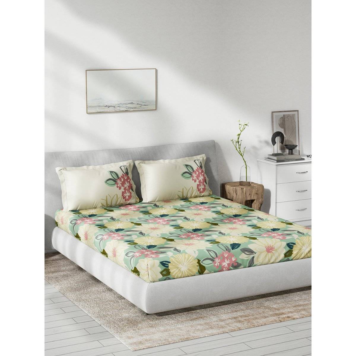 Ddecor Live Beautiful Zion Floral Cotton King Bedsheet With 2 Pillow Covers - Green