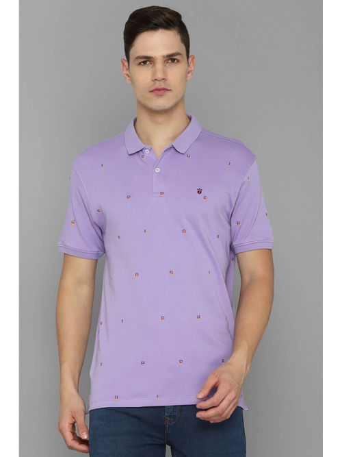 Louis Philippe Men Lavender Embroidered Polo Neck T-Shirt