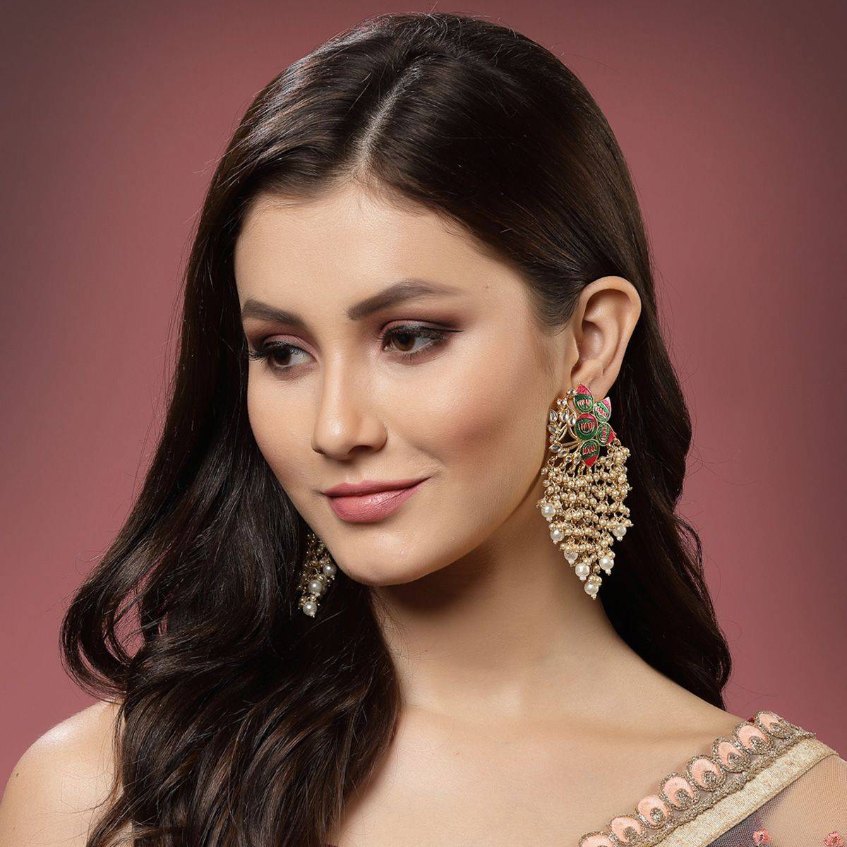 PANASH Gold Plated Meenakari Floral Pearl Drop Earrings